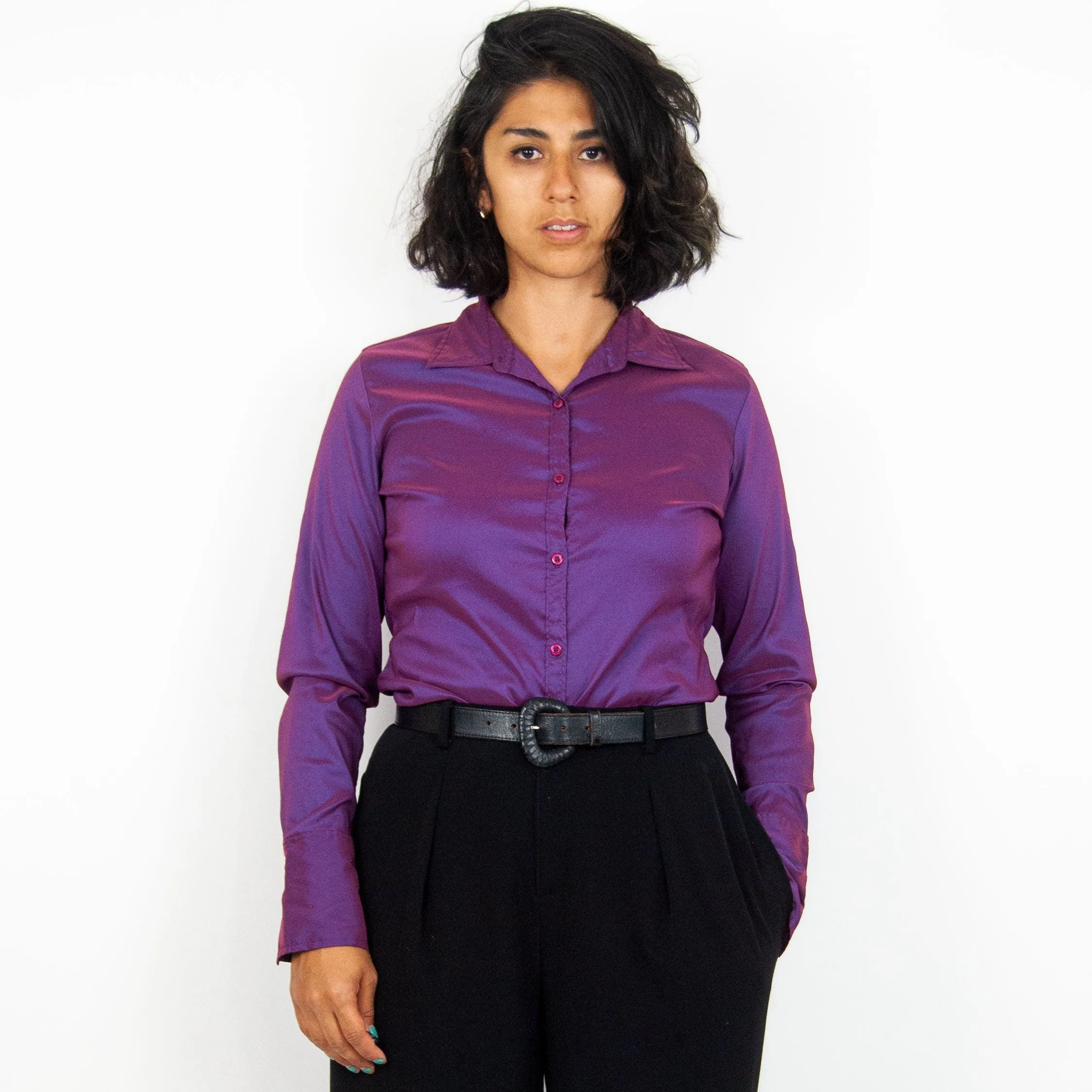 00's Iridescent Purple Long Sleeve Blouse by At Last New York