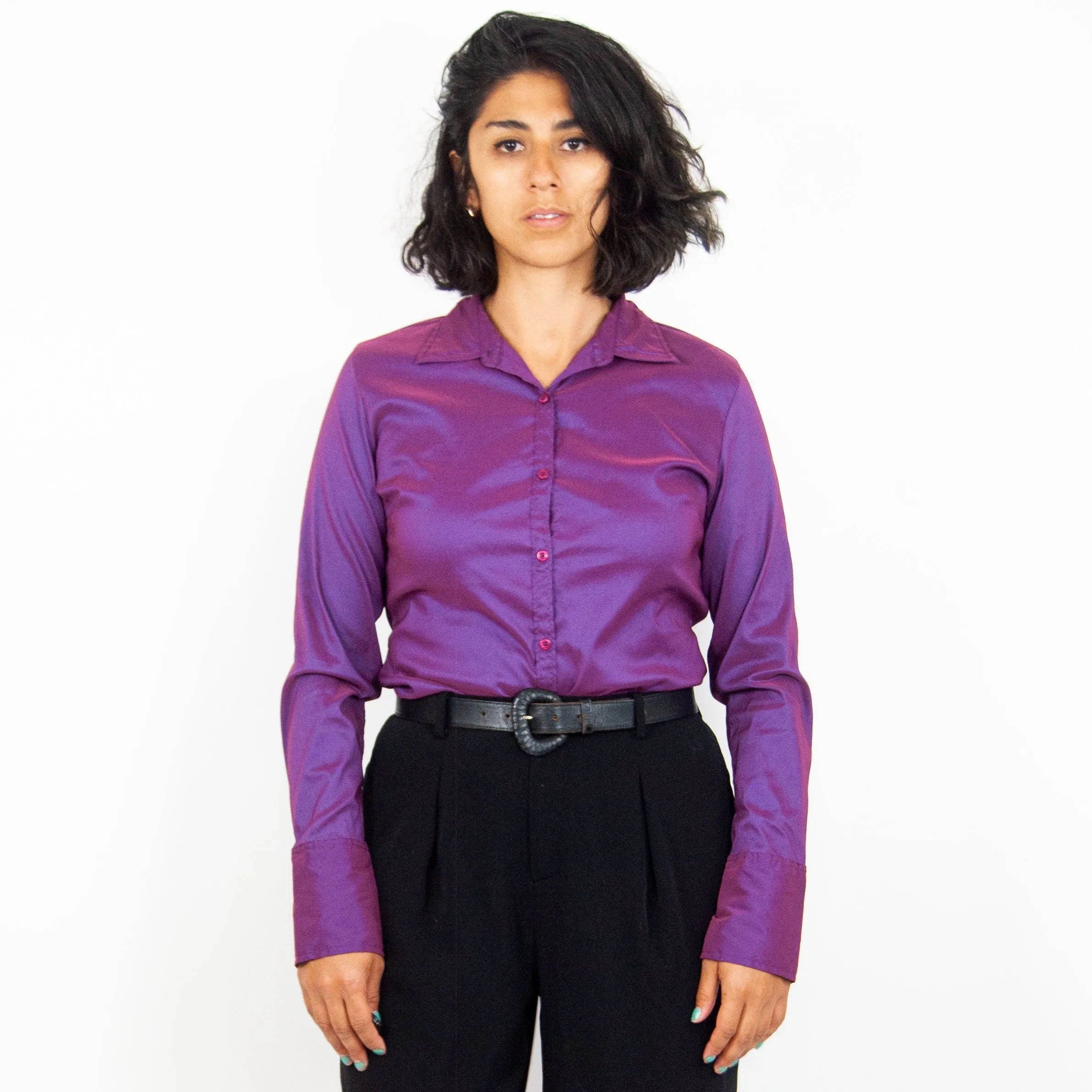 00's Iridescent Purple Long Sleeve Blouse by At Last New York