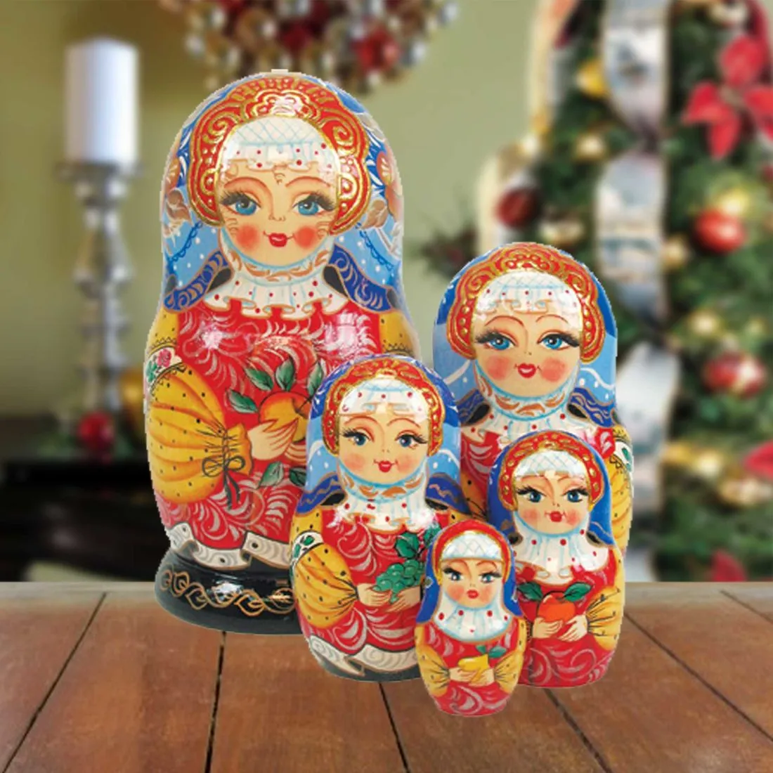 Apple Girl Matreshka Stacking Hand-Painted Dolls Set of 5 by G. DeBrekht - Christmas Décor - 1300934