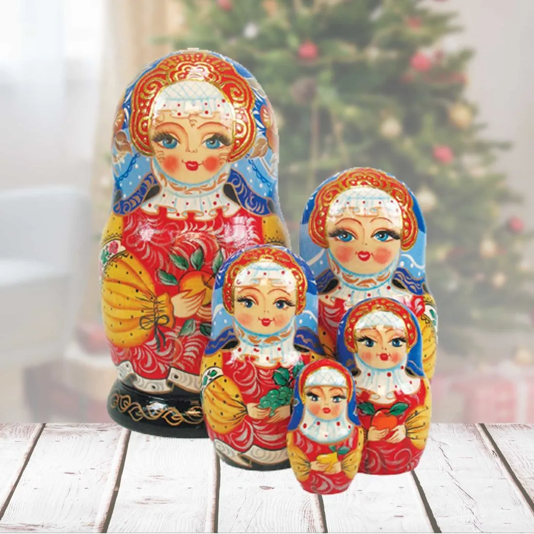 Apple Girl Matreshka Stacking Hand-Painted Dolls Set of 5 by G. DeBrekht - Christmas Décor - 1300934