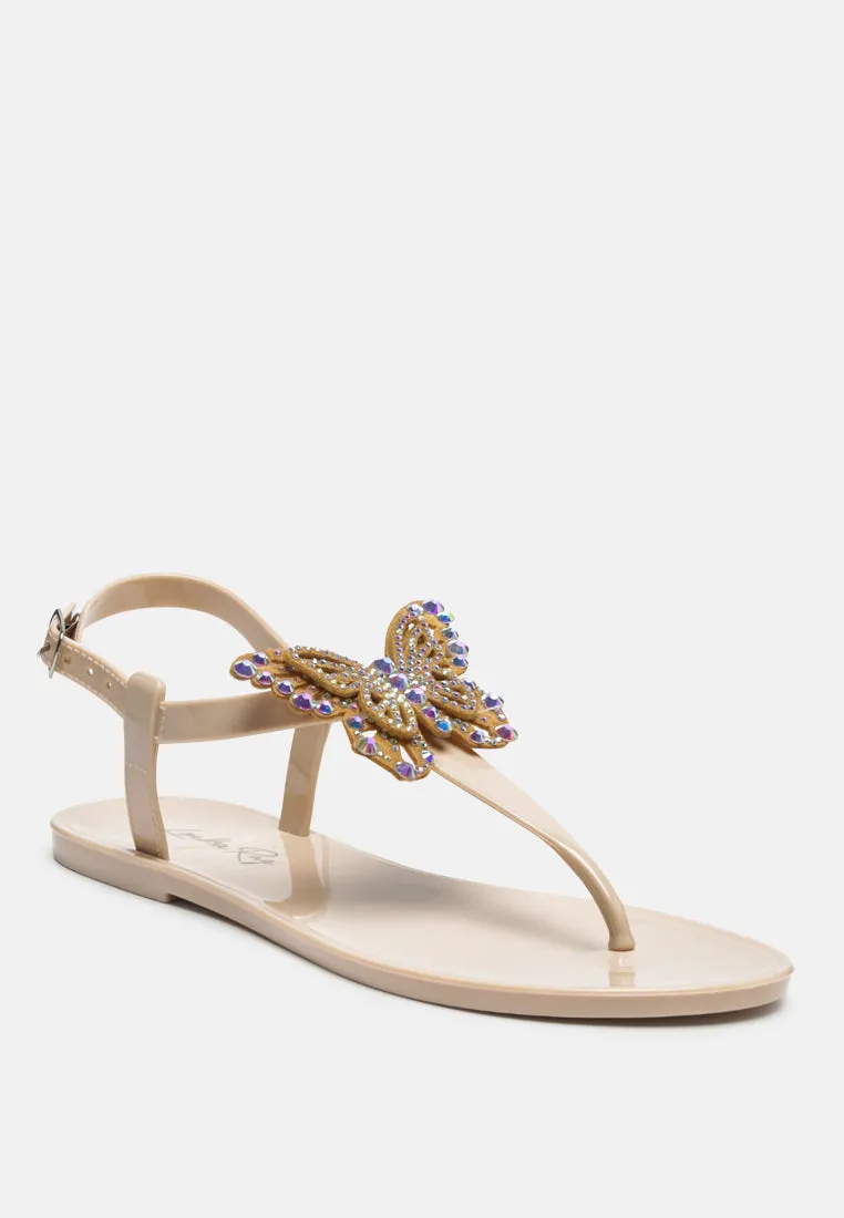 Butterfly T Strap Clear Flat Sandals