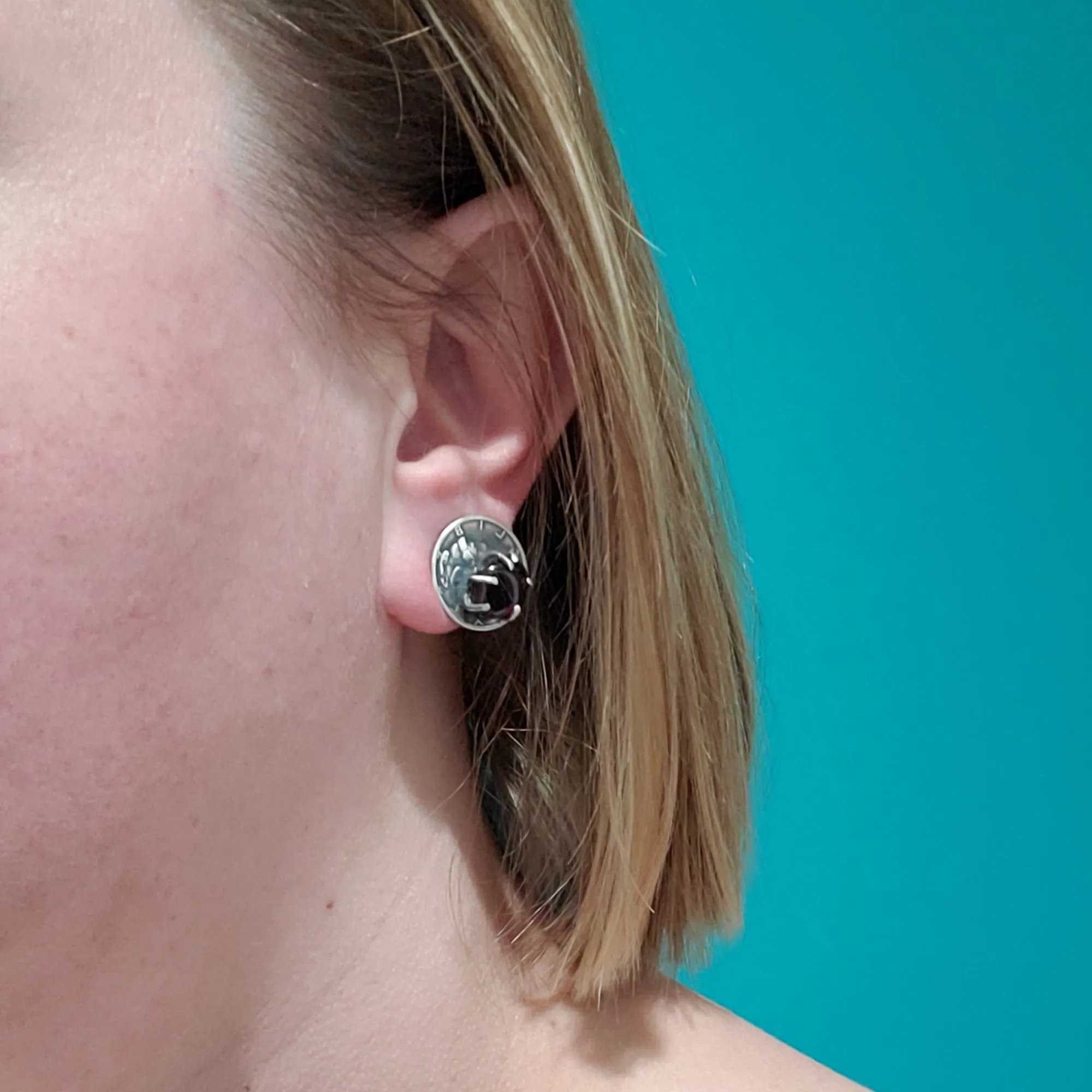 Garnet Amethyst Mercury Dime Stud Earrings