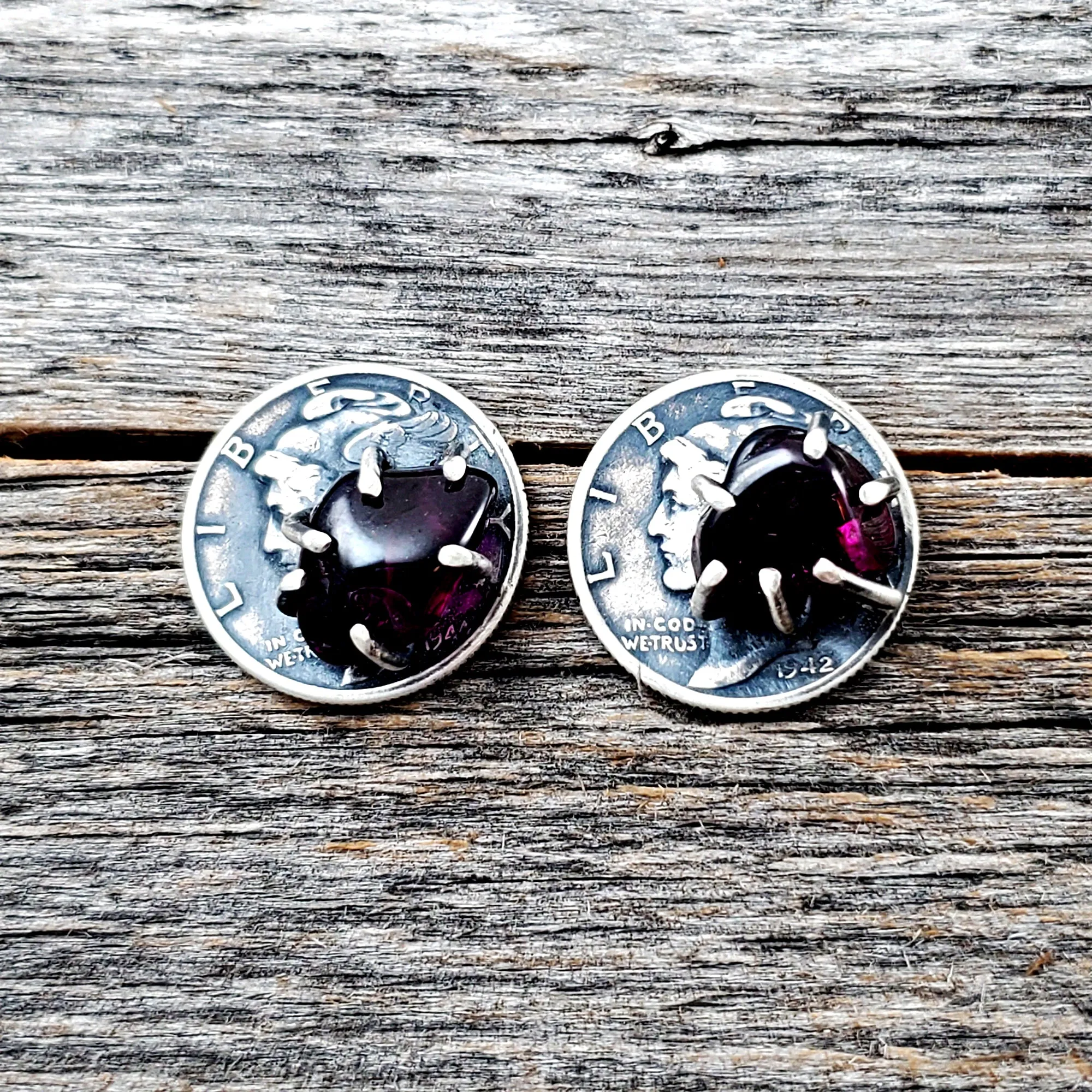 Garnet Amethyst Mercury Dime Stud Earrings
