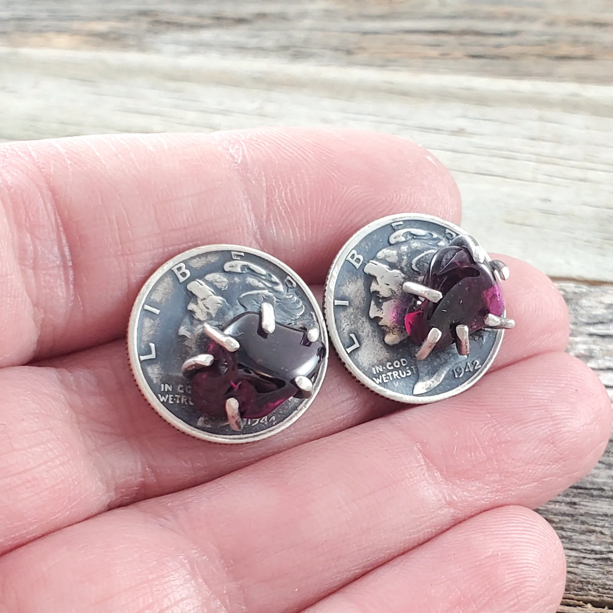 Garnet Amethyst Mercury Dime Stud Earrings