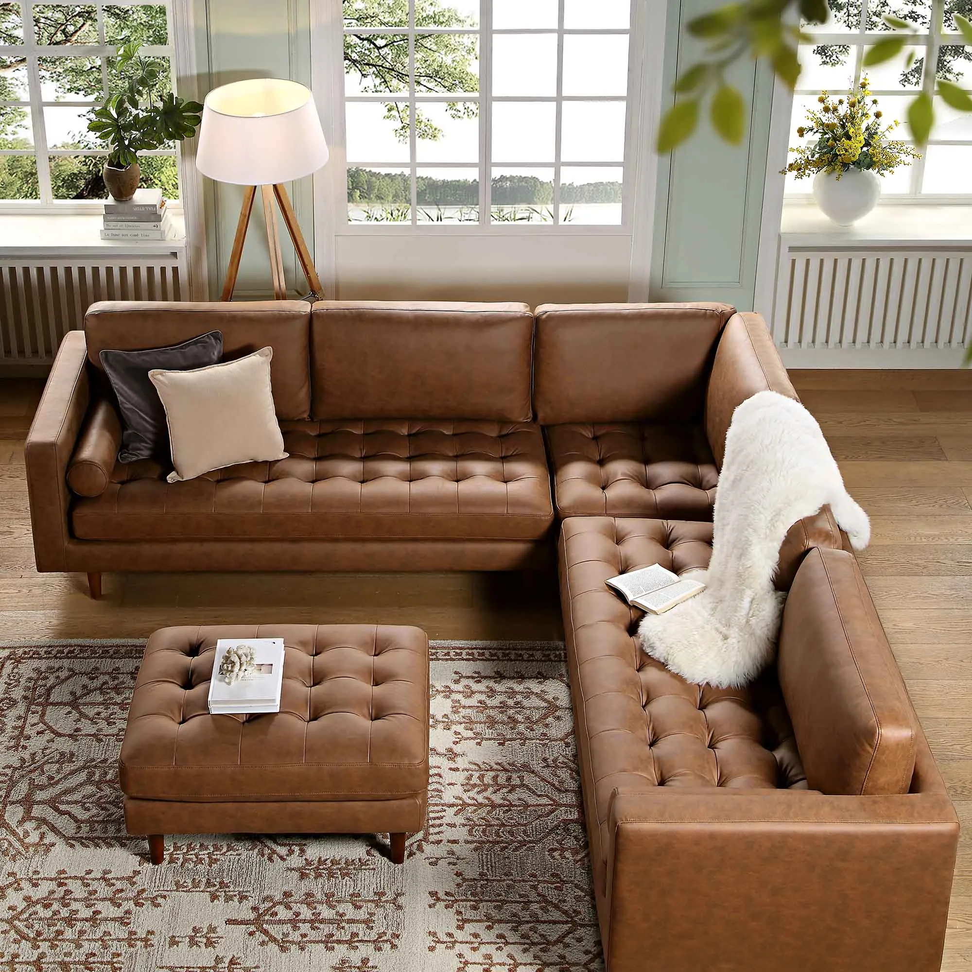Henrietta 5 Seater Corner Sofa, Tan Faux Suede