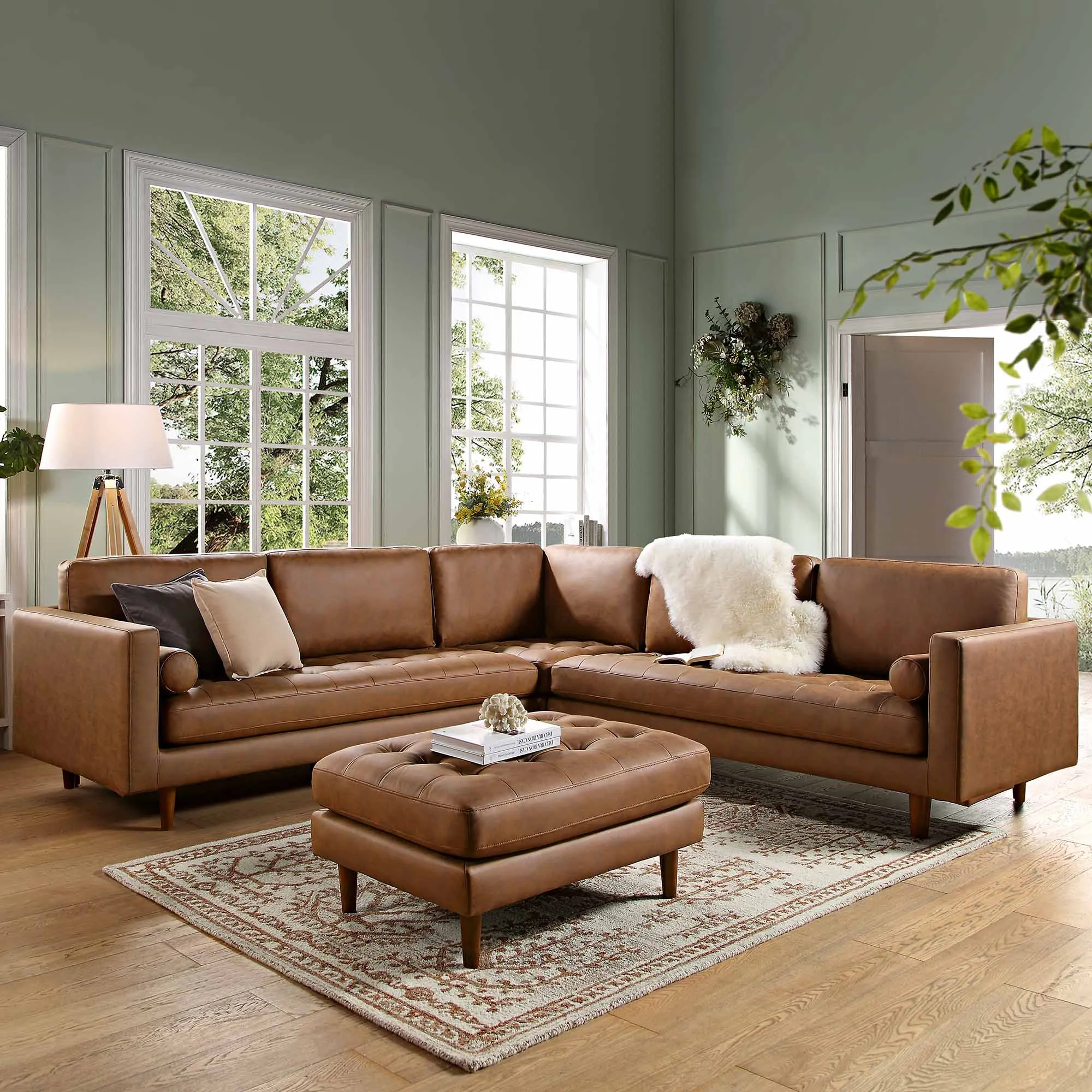 Henrietta 5 Seater Corner Sofa, Tan Faux Suede