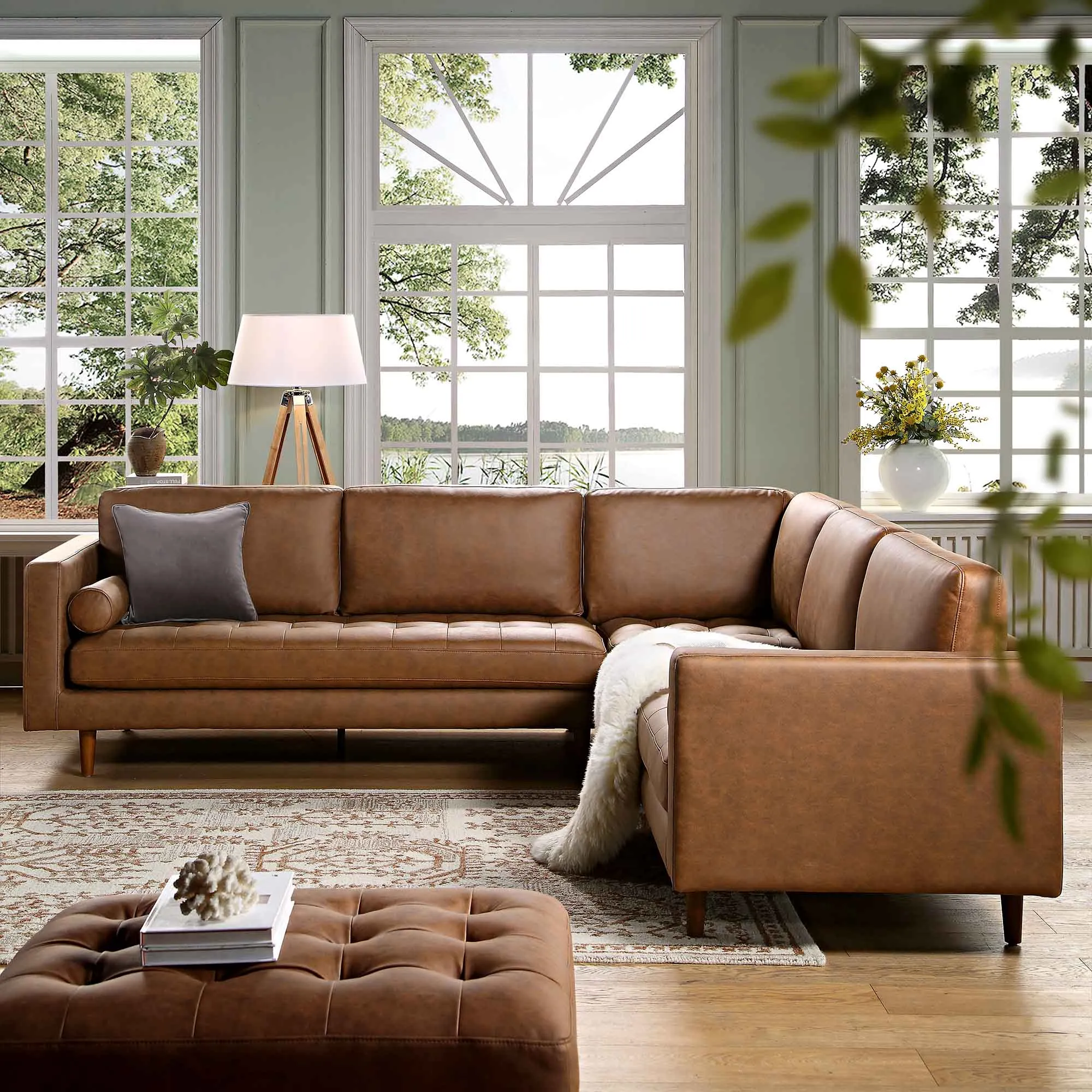 Henrietta 5 Seater Corner Sofa, Tan Faux Suede