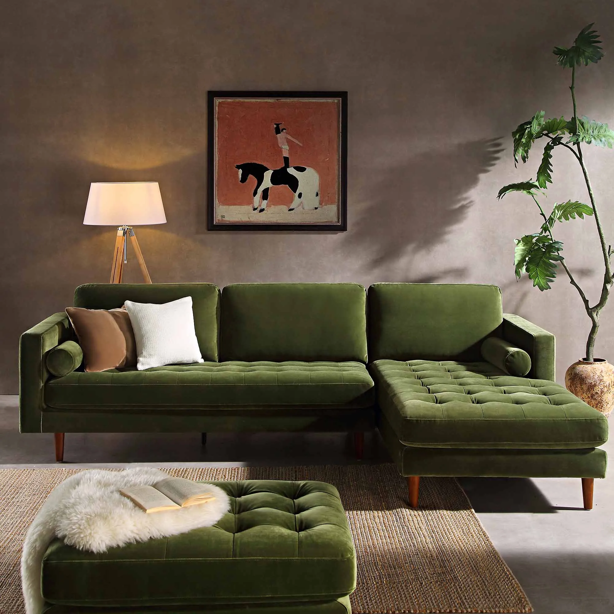 Henrietta Grand 4-Seater RHF Chaise End Sofa, Moss Green Velvet