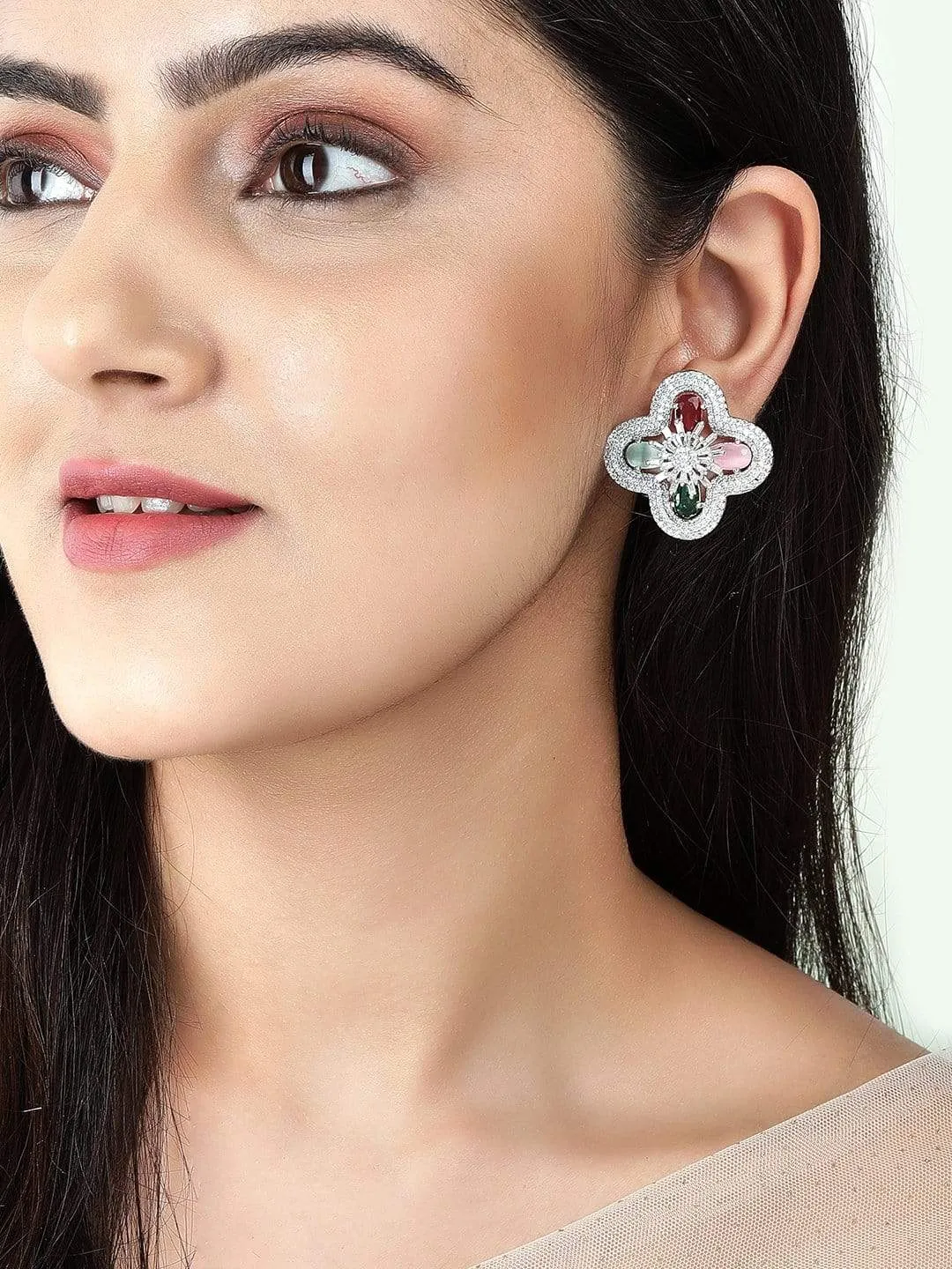 Rubans Silver-Plated Multicolour AD Stud Earring