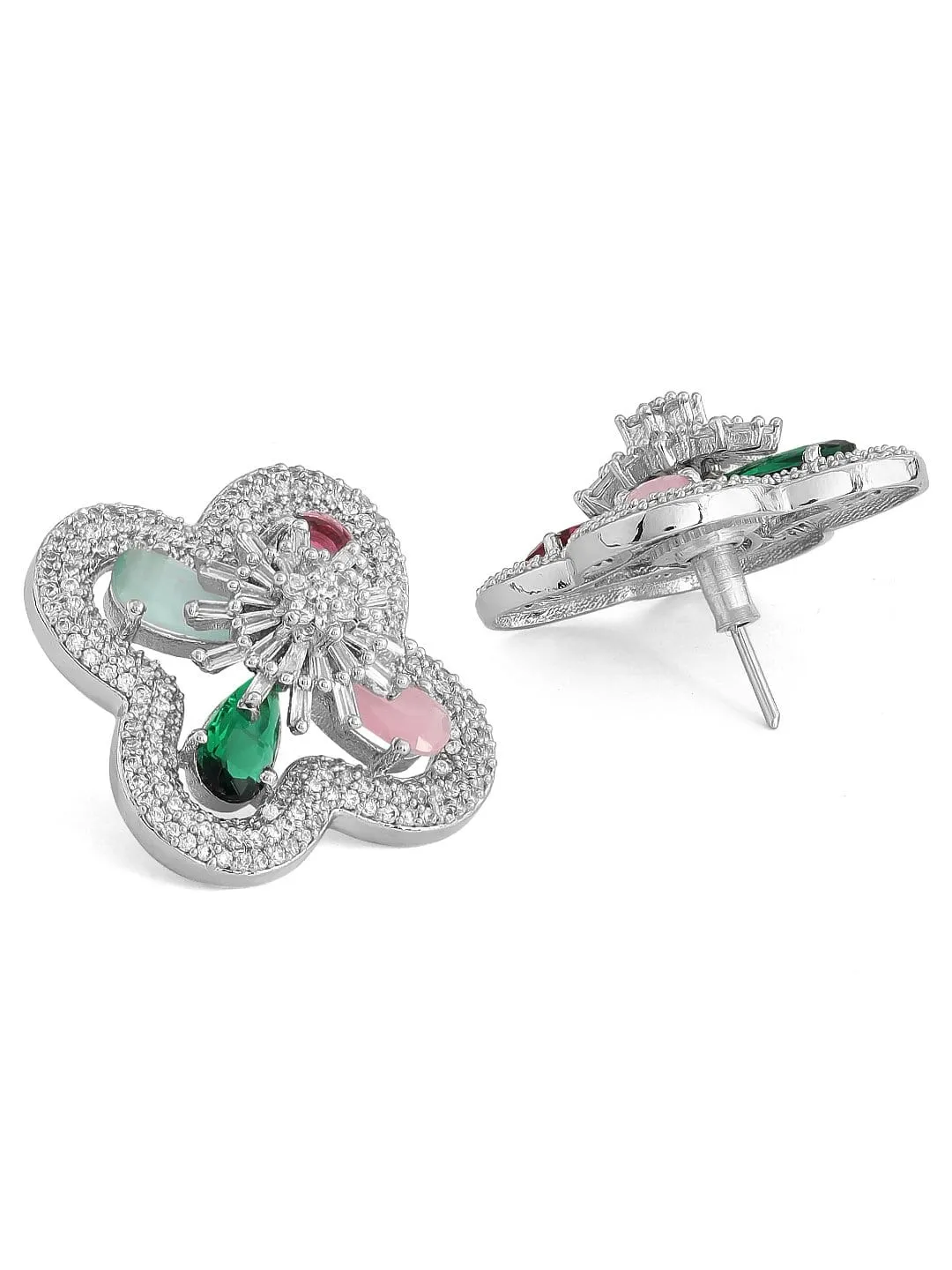 Rubans Silver-Plated Multicolour AD Stud Earring
